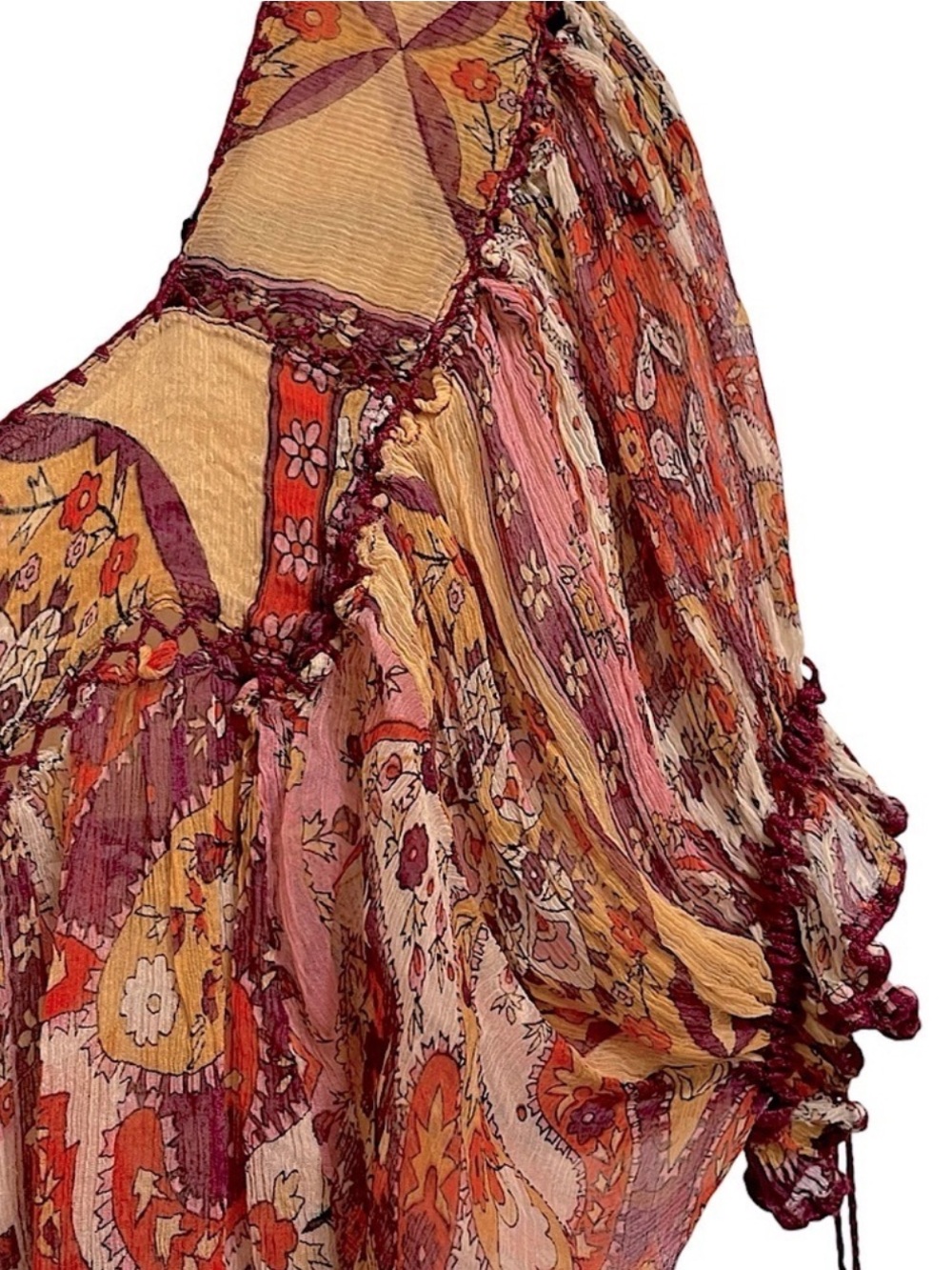 Ice Silk Boho Print Crochet Tassel Peasant Blouse Festival Cottagecore Top Sz S - Picture 9 of 12